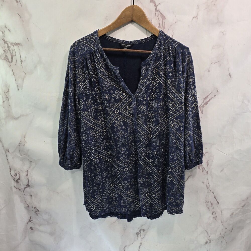 Lucky Brand Shirt Womens 1X Blue Peasant Boho Tee T Long Sleeve Notch V Paisley